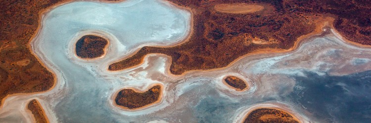 Aerial view of a dry, salt flat with irregular, pale blue water pools and reddish-brown surrounding vegetation.
