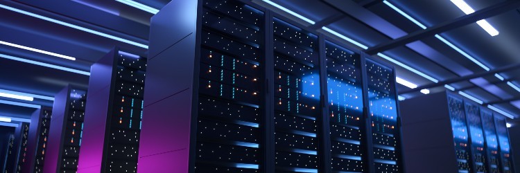A high-tech server room filled with sleek server cabinets illuminated by blue and purple LED lights, showcasing a modern data center environment.