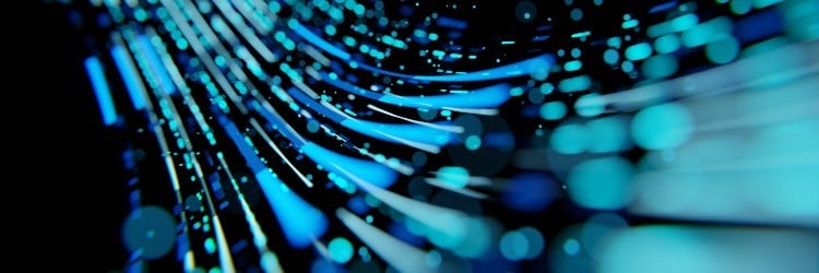 A high-tech server room filled with sleek server cabinets illuminated by blue and purple LED lights, showcasing a modern data center environment.